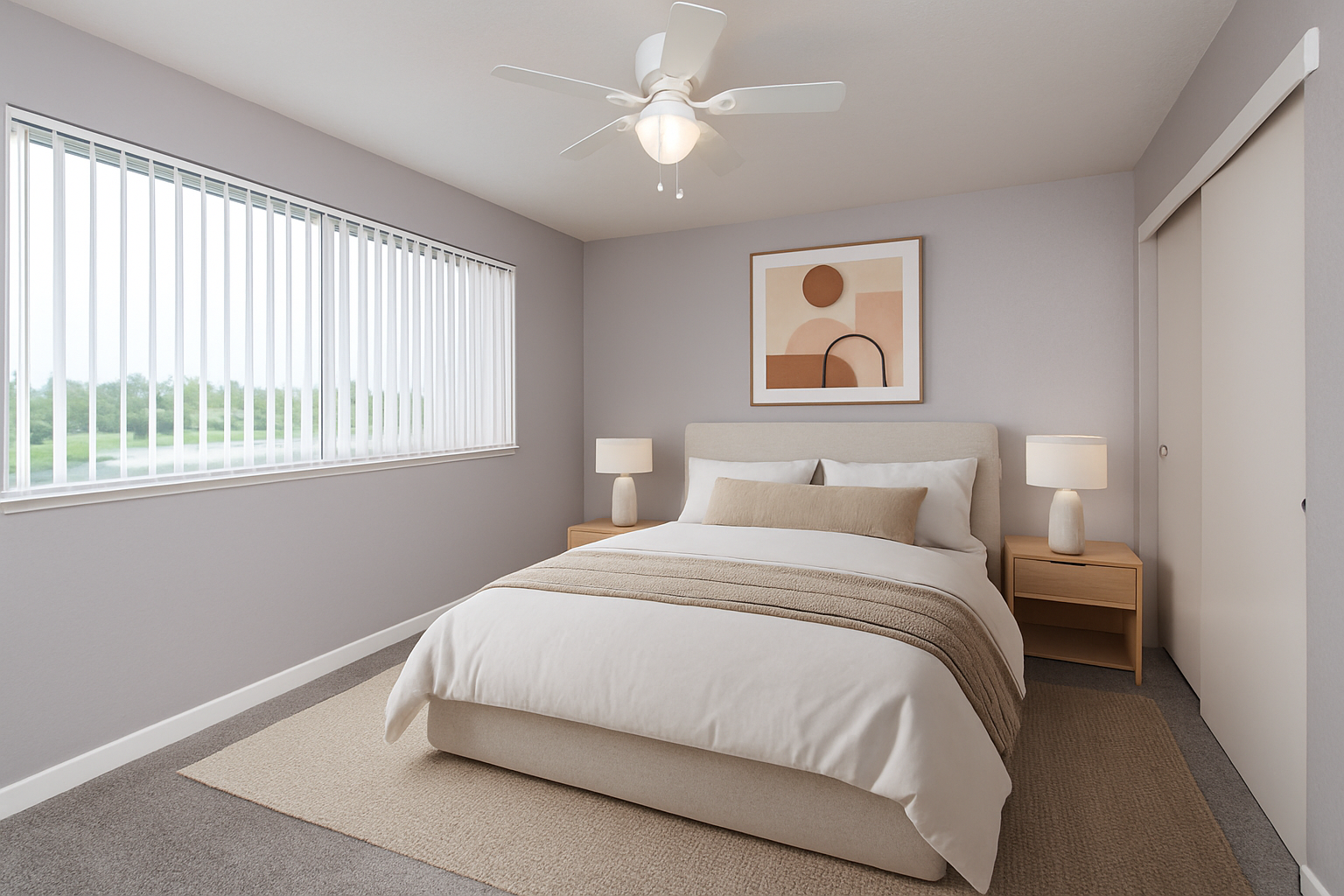 Bright bedroom with a bed, nightstands, lamps, ceiling fan, and a window with vertical blinds.
