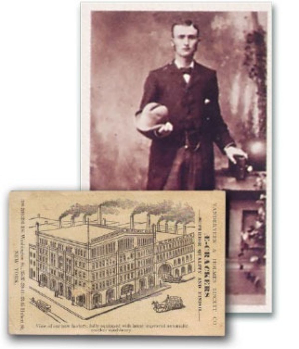 A portrait of a person in a suit beside a trade card showing a factory for E. Greenfield's Son & Co. in New York.