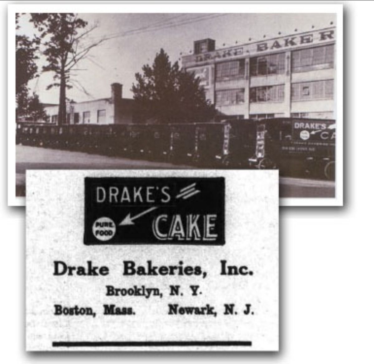 A black and white photo of a Drake’s Bakeries building and delivery trucks, with a logo overlay showing company locations.