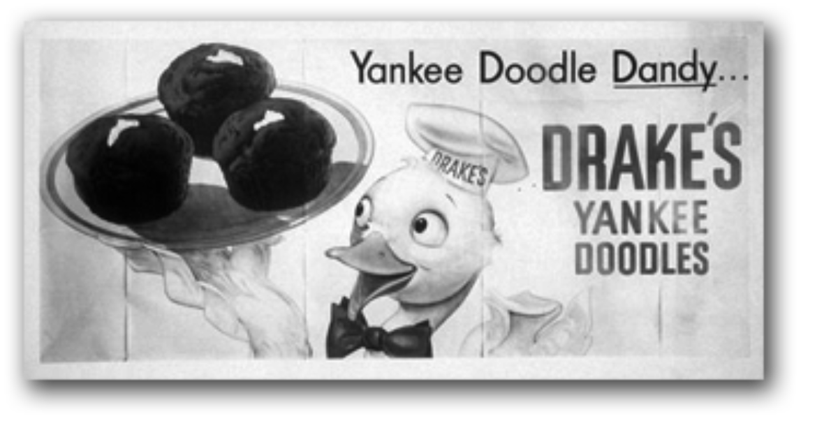 A black-and-white vintage advertisement featuring a cartoon duck in a chef's hat serving a plate of Drake's Yankee Doodles.