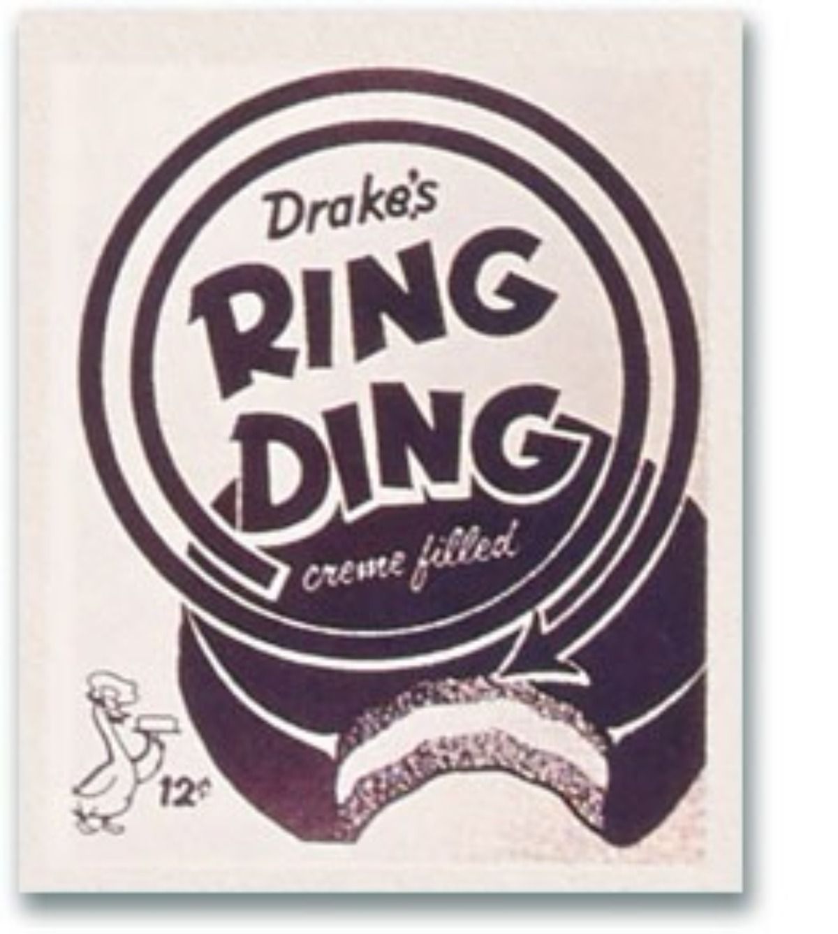 Vintage advertisement for Drake’s Ring Ding snack cake featuring a white, cream-filled cake, brand name, and a 12-cent price.