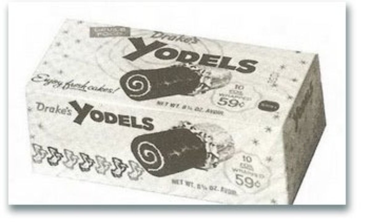 A vintage box of Drake’s Yodels snack cakes featuring illustrations of the chocolate-covered rolls, priced at 59 cents.