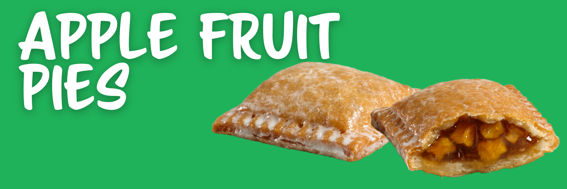 Two golden-brown, rectangular apple pies sit on a solid green background, with one showing a chunky apple filling.