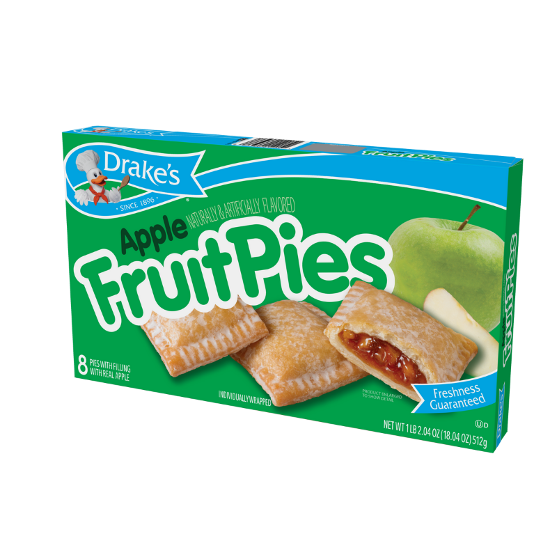 A box of Drake's Apple Fruit Pies, featuring eight individually wrapped pastries and a green apple on a green background.