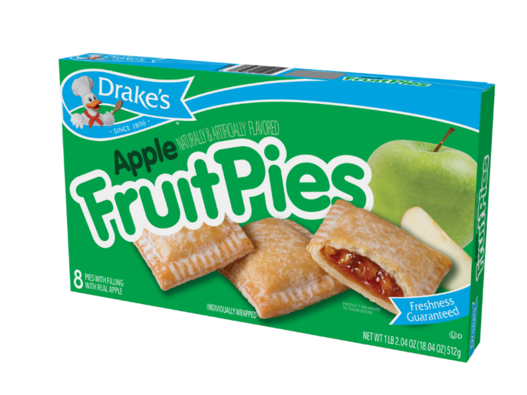A box of Drake's Apple Fruit Pies, green and white packaging with images of apple pastries and a green apple.
