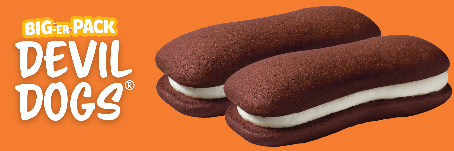 one devil dogs cake on an orange banner with text reading devil dogs®