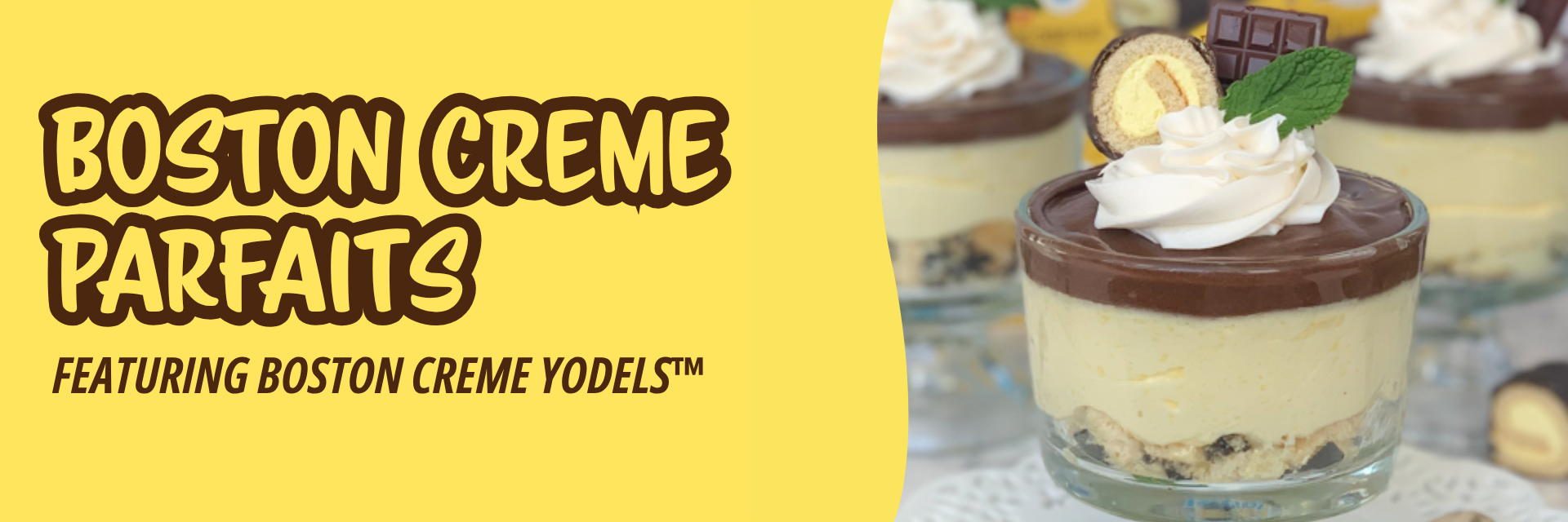 Close-up of a layered Boston Cream Parfait dessert made with Drake's Cakes Boston Creme Yodels, set against a yellow background.