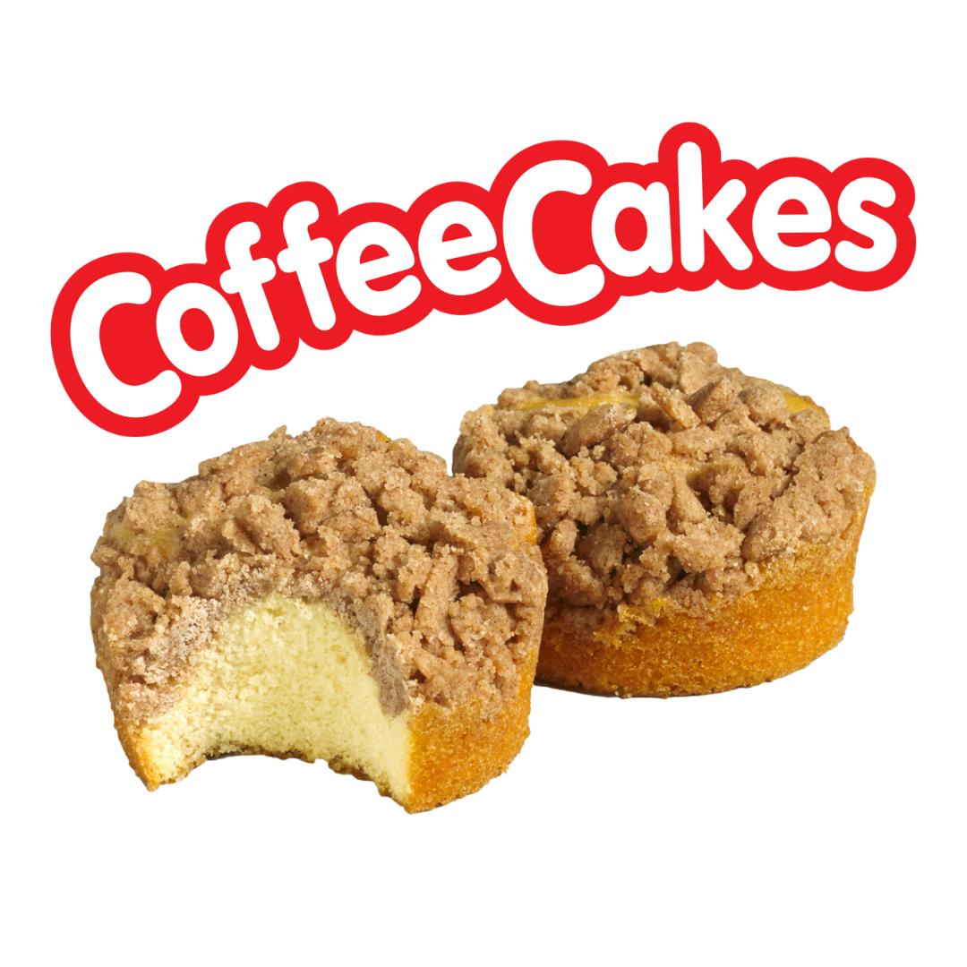 Two small coffee cakes, one with a bite taken out, positioned under the red text 