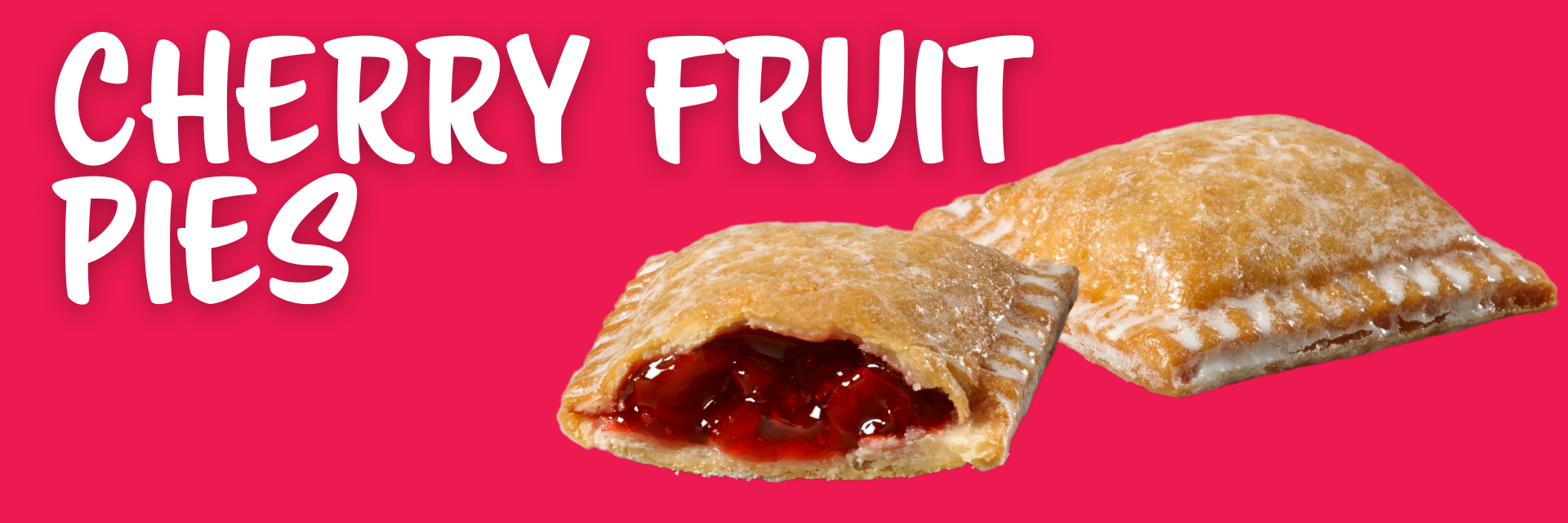 Two golden-brown cherry fruit pies on a bright pink background, with one pie cut open to reveal a red cherry filling.