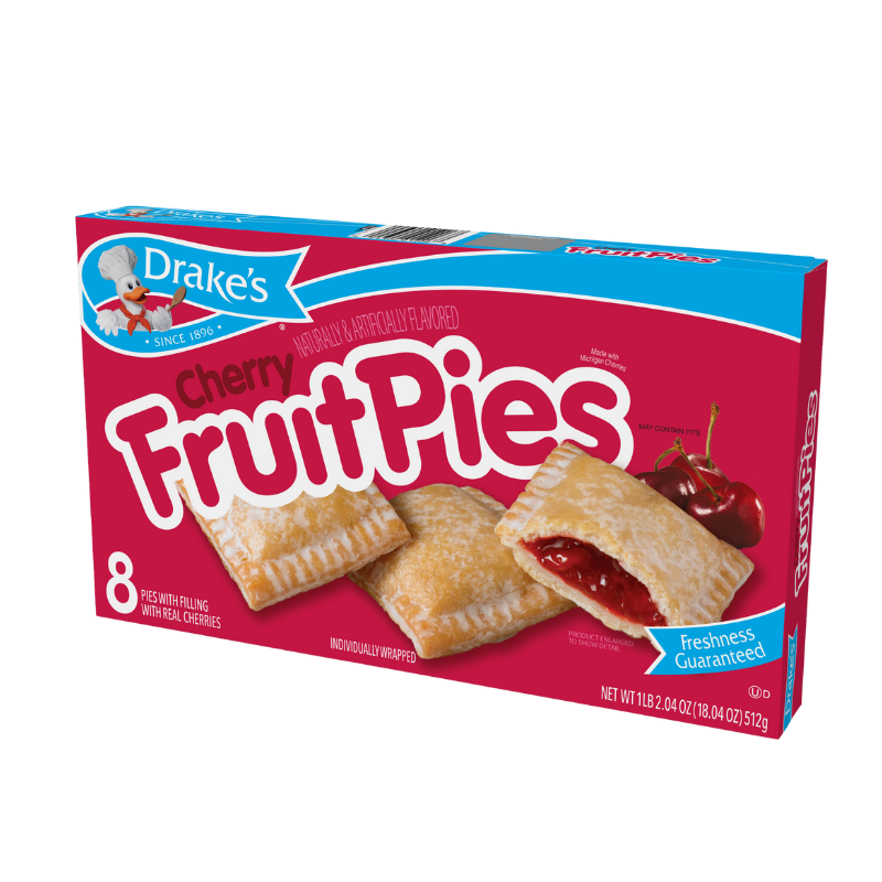 A box of Drake’s Cherry Fruit Pies featuring eight individually wrapped pies with a red background and cherry imagery.