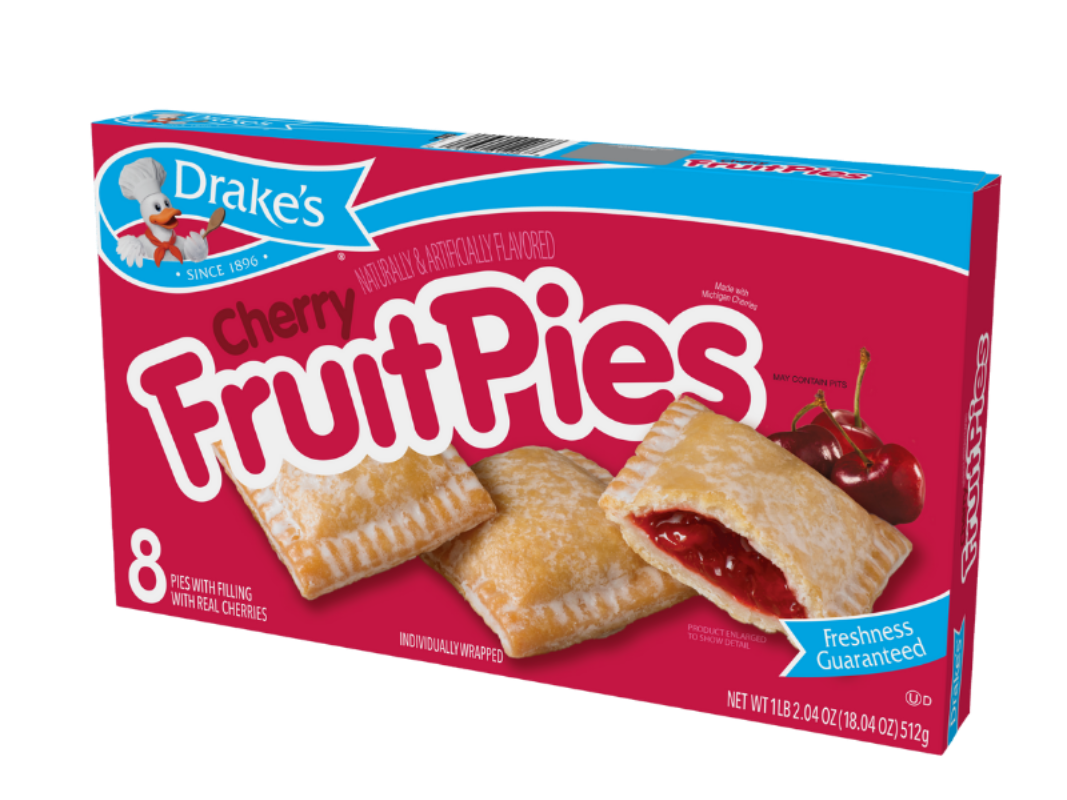 Box of Drake's Cherry Fruit Pies featuring an illustration of three rectangular pastries with cherry filling.