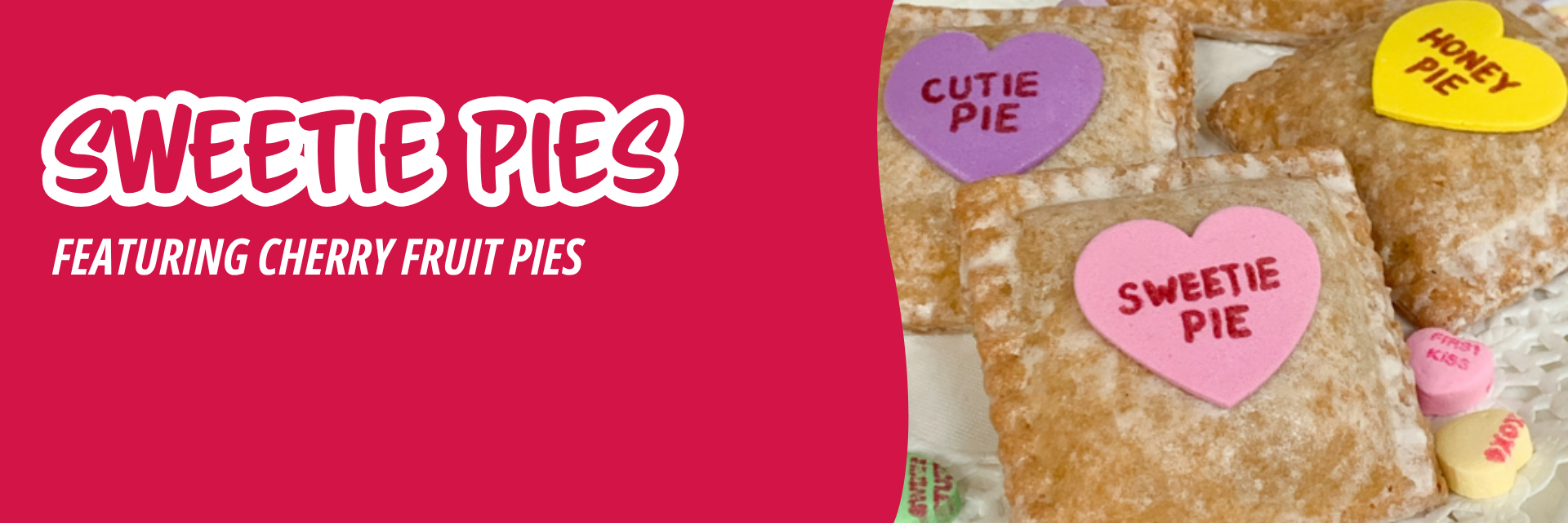 Red banner promoting four heart-shaped conversation hearts with text, labeled 