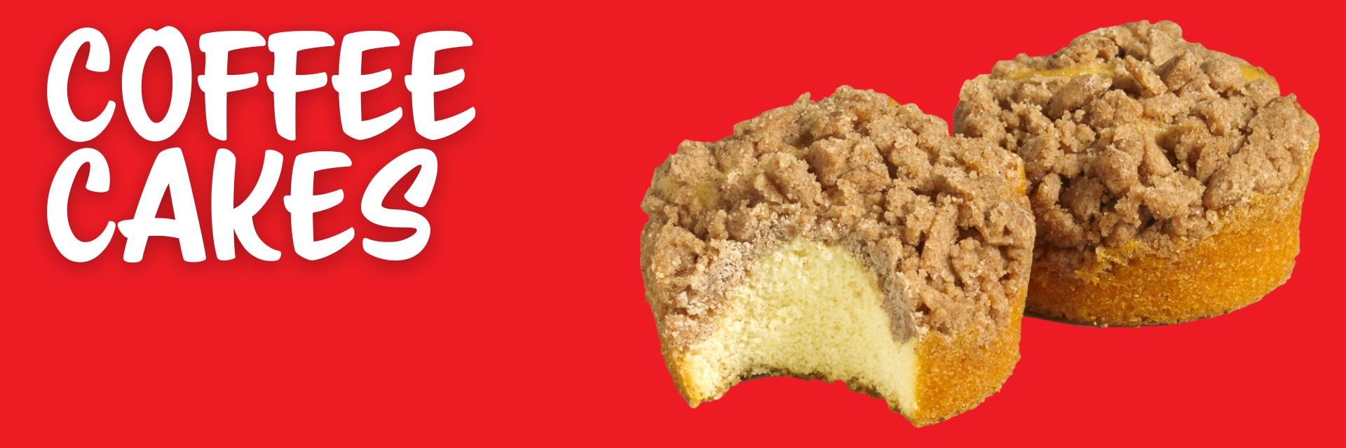 Two individual coffee cakes with crumb toppings, one partially eaten, against a bright red background.