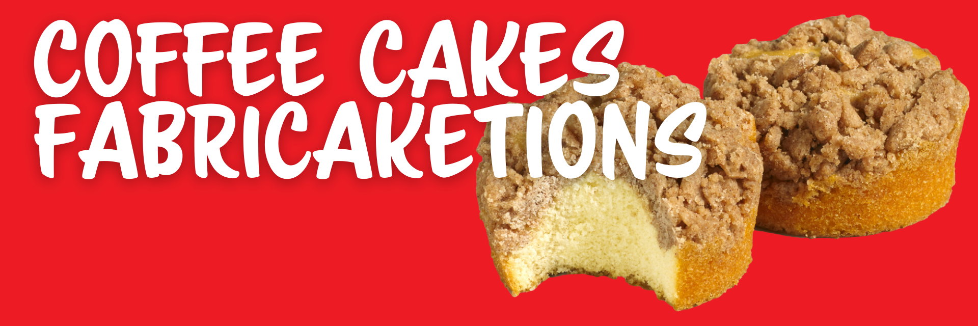 Two coffee cake muffins against a red background, with the text reading 