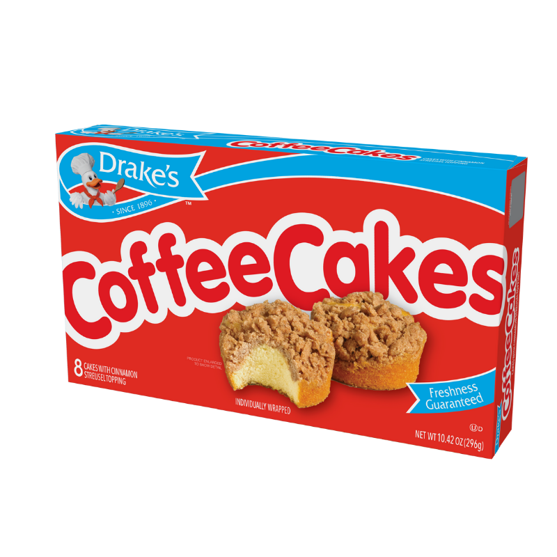 A box of Drake’s Coffee Cakes featuring a red background, a blue header, and two individual cakes, one with a bite taken.
