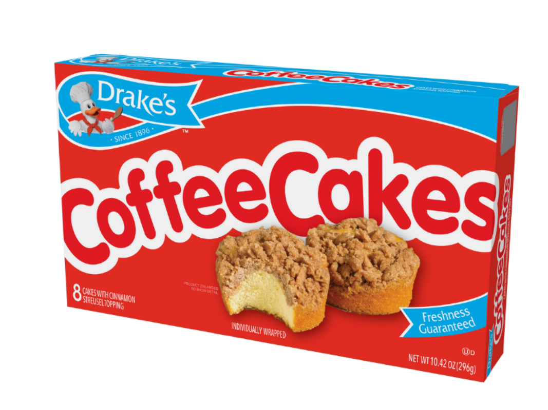 A box of Drake’s Coffee Cakes featuring a red background, white text, and images of two crumb-topped muffins.