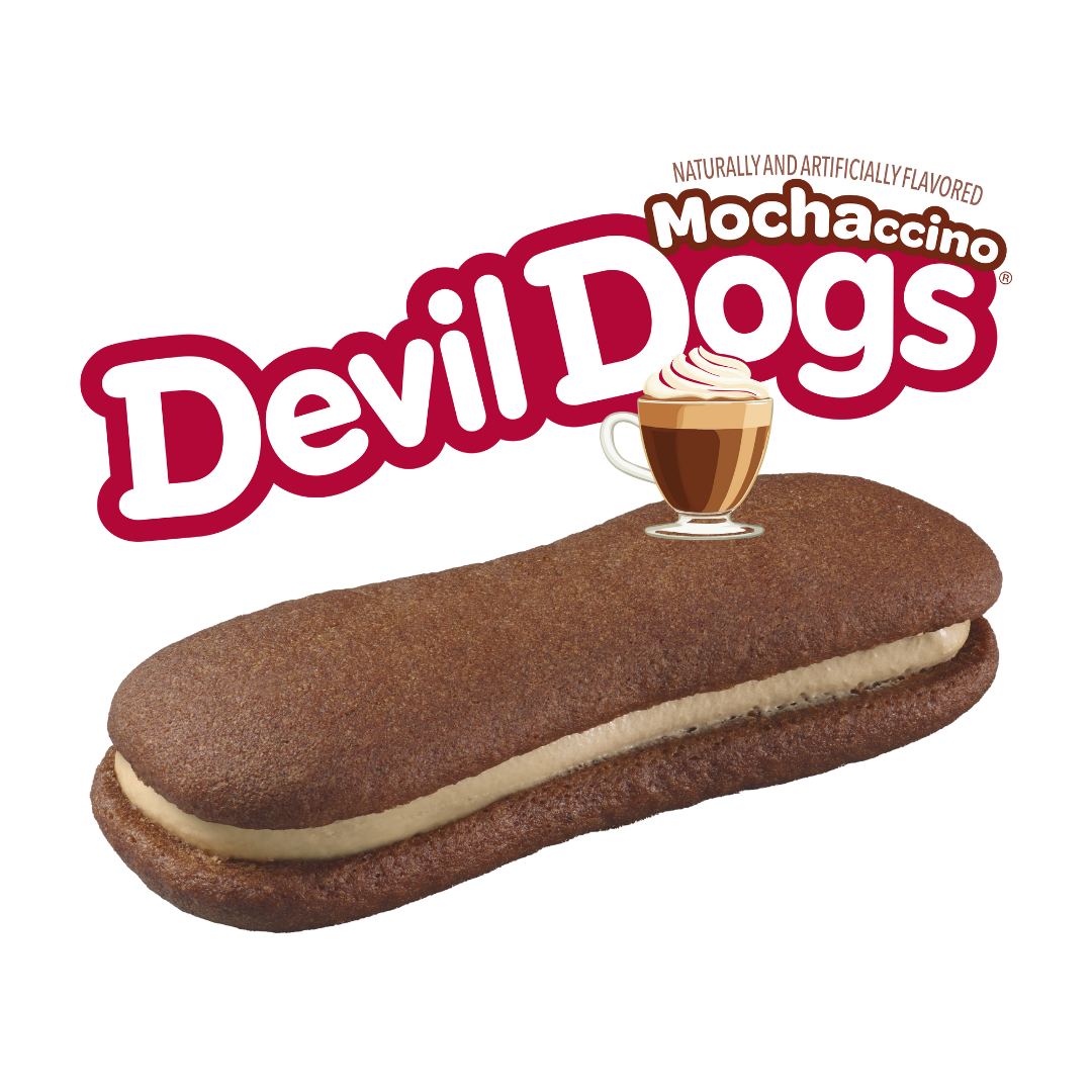 Mochaccino Devil Dogs logo on a white background with a single Devil Dogs cake and a cup of mocha latte
