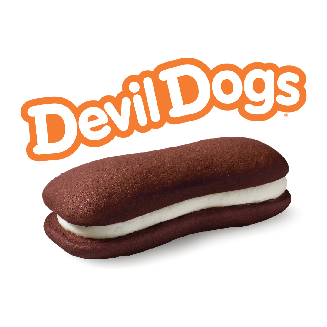 The logo and a single Devil Dogs snack cake, featuring two chocolate sponge layers with white cream filling in between.