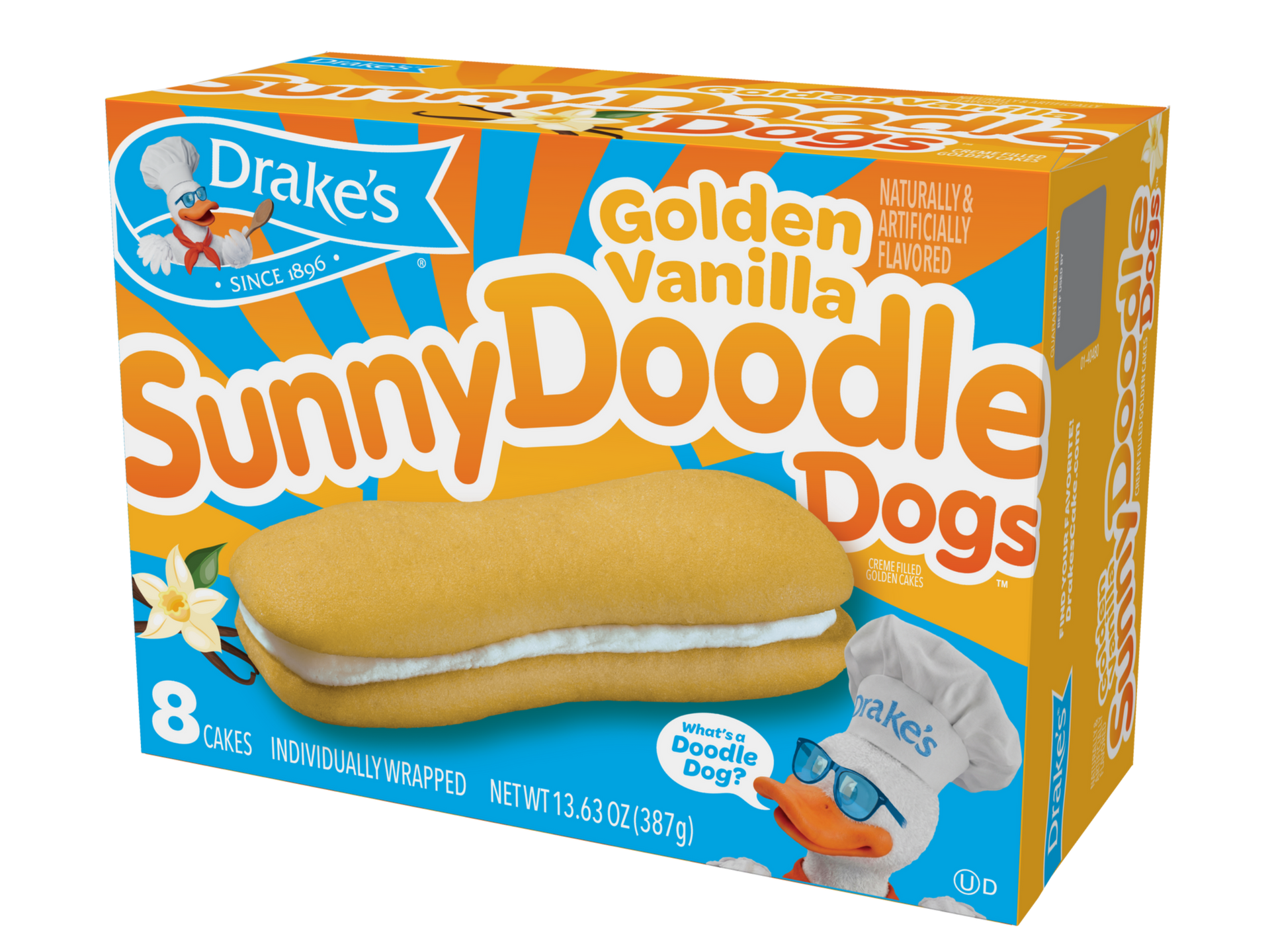 carton of golden vanilla sunny doodle dogs on an orange and blue background
