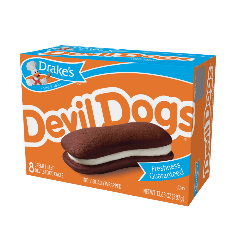 A box of Drake's Devil Dogs creme-filled cakes with orange, blue, and white packaging.
