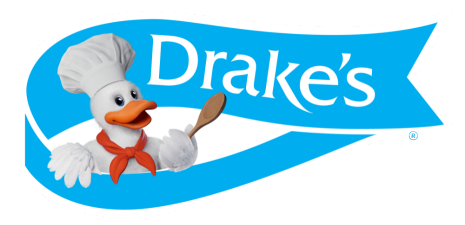 The Drake's brand logo featuring a white duck wearing a chef's hat and red scarf, holding a wooden spoon on a blue banner.