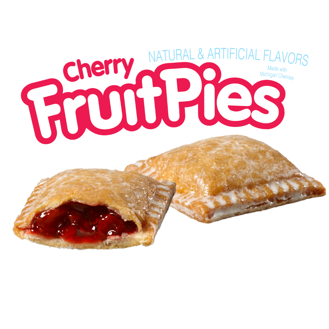 Two glazed cherry fruit pies, one cut open revealing the red filling, below the text 