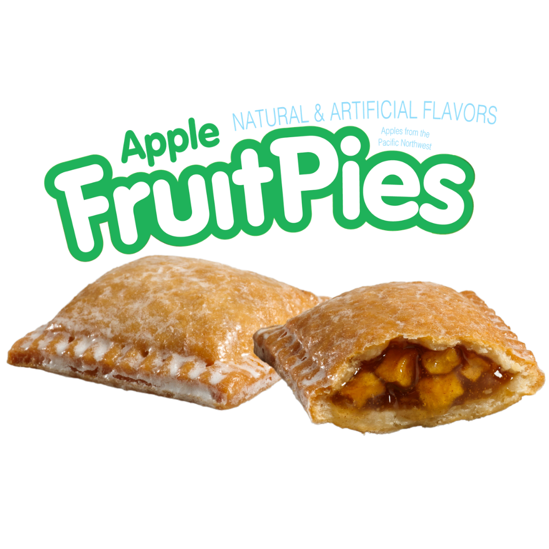 Two glazed apple fruit pies, one whole and one split to show the apple filling, under green text reading 