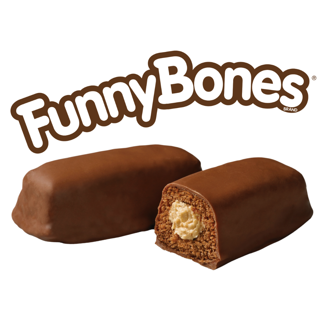 The Funny Bones logo above two chocolate-coated snack cakes, one whole and one cut in half to show peanut butter filling.