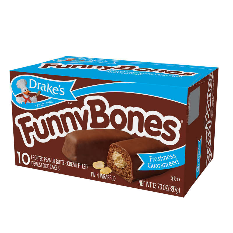 A box of Drake's Funny Bones, featuring 10 frosted, peanut butter creme-filled devil's food cakes.