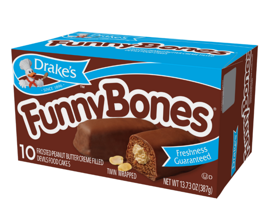 A box of Drake’s Funny Bones chocolate-covered peanut butter-filled cakes, featuring the brand's duck mascot.