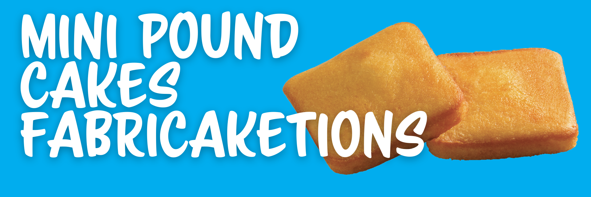 Two golden-brown mini pound cakes against a vibrant blue background with the text 