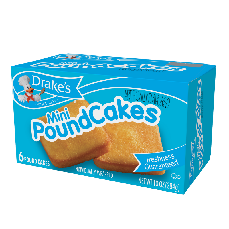 A box of Drake's Mini Pound Cakes, featuring a cartoon chef logo, 