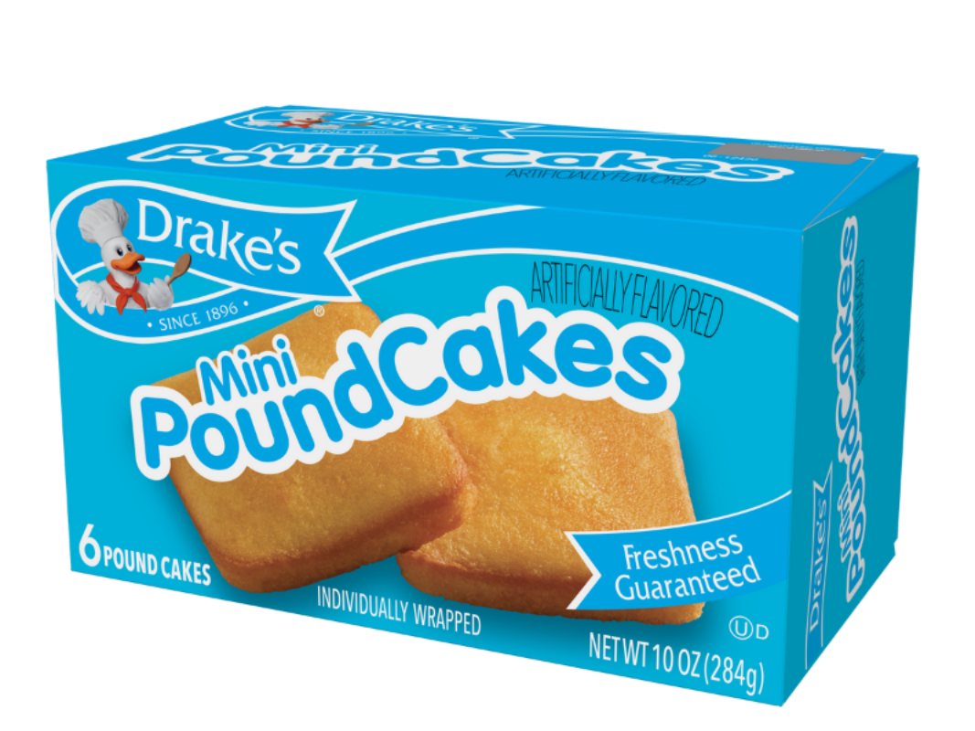 A blue box of Drake’s Mini Pound Cakes, featuring a chef duck logo, six individually wrapped cakes.