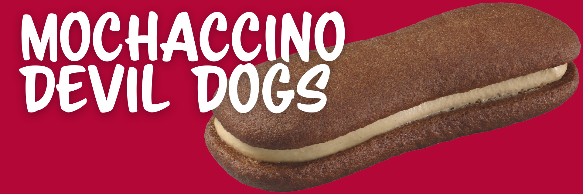 A Mochaccino Devil Dog snack cake on a red background with the white text