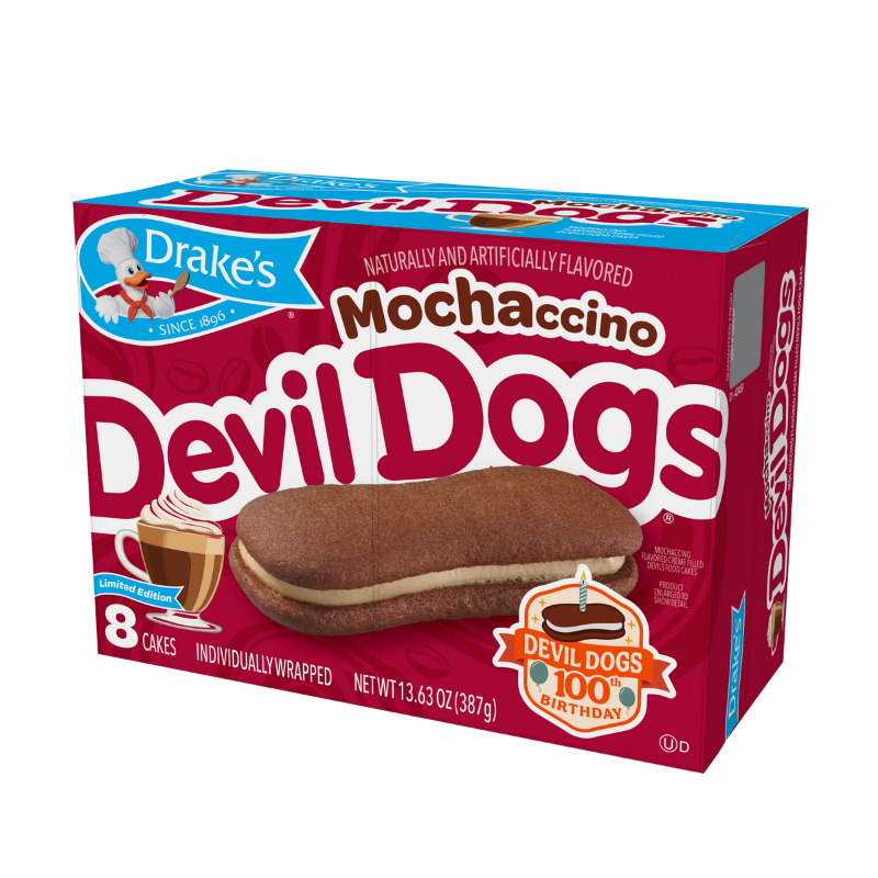 A box of Drake's Mochaccino Devil Dogs on a red background featuring the 100th birthday of Devil Dogs