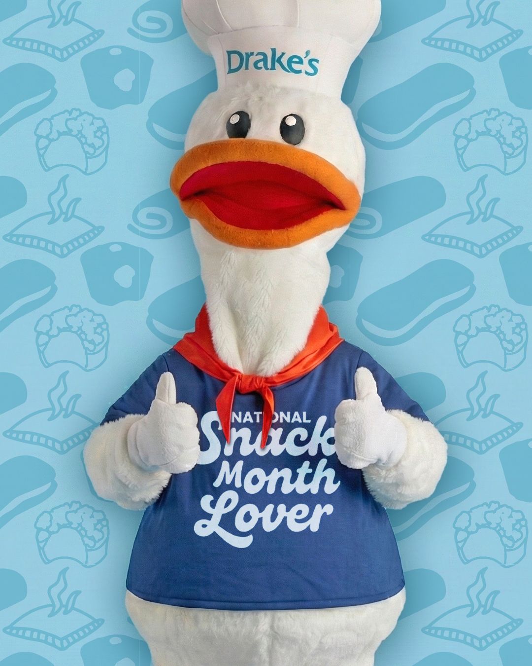 Drake's mascot, a white duck wearing a chef's hat and a blue 