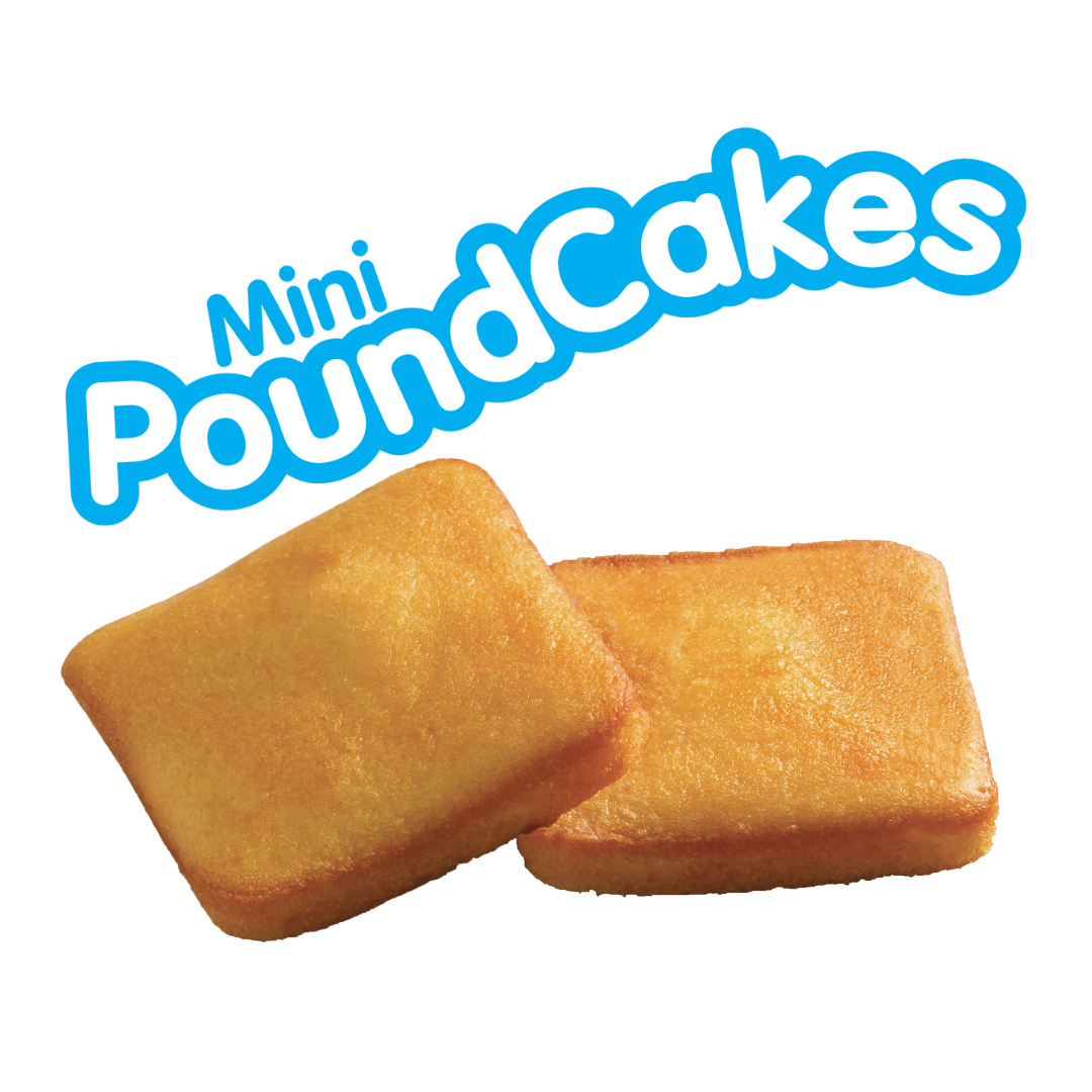Two golden-brown mini square pound cakes sit below the text 