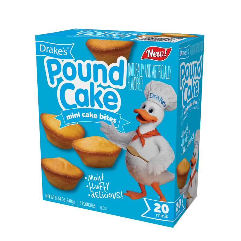 A blue box of Drake’s Mini Pound Cakes, featuring a chef duck logo, six individually wrapped cakes.