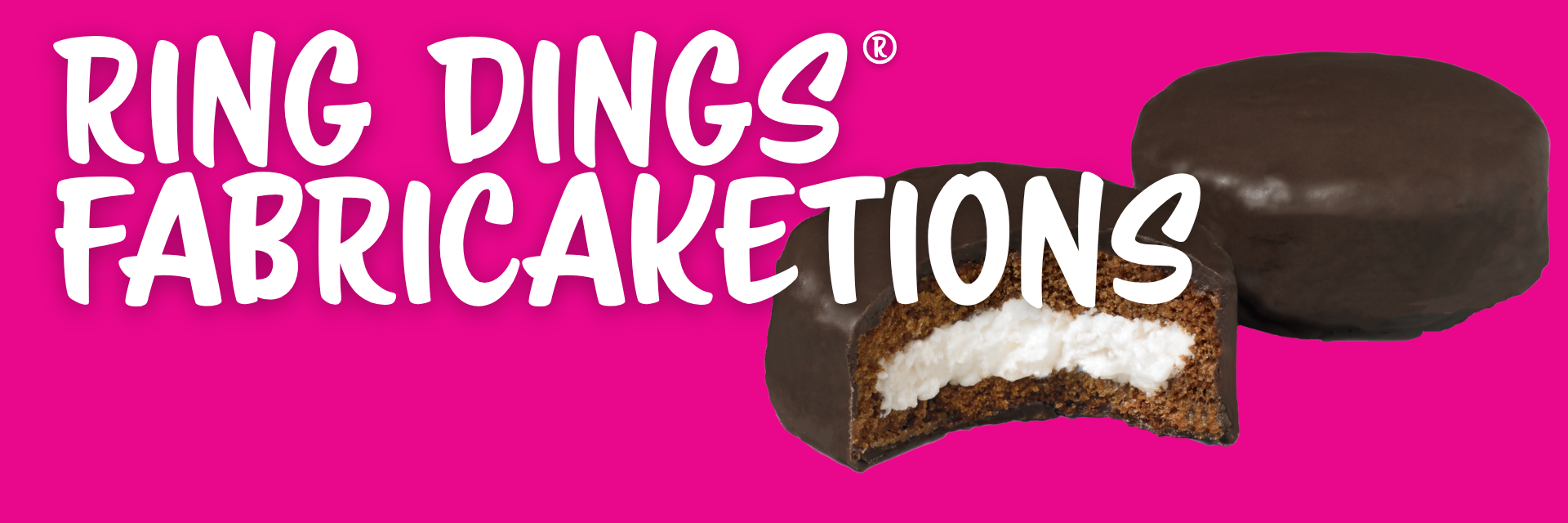 Two chocolate-covered cream-filled cake snacks on a pink background with text reading 
