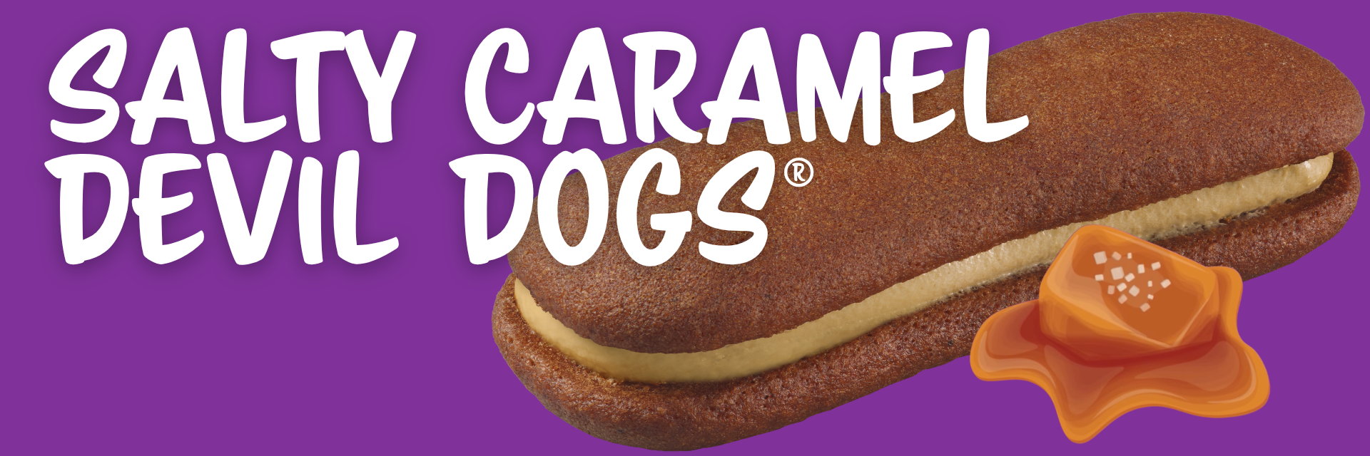 devil dog cake on a purple background with a piece of caramel