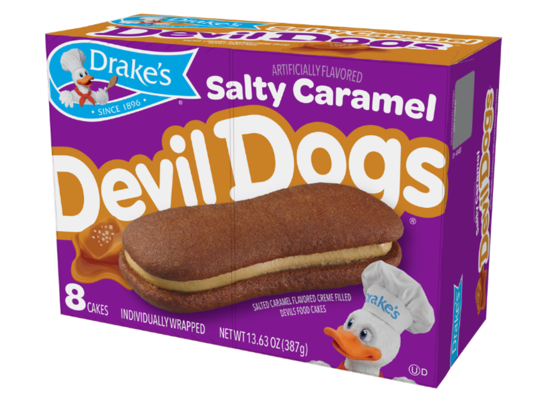 carton of salty caramel devil dogs on a purple background
