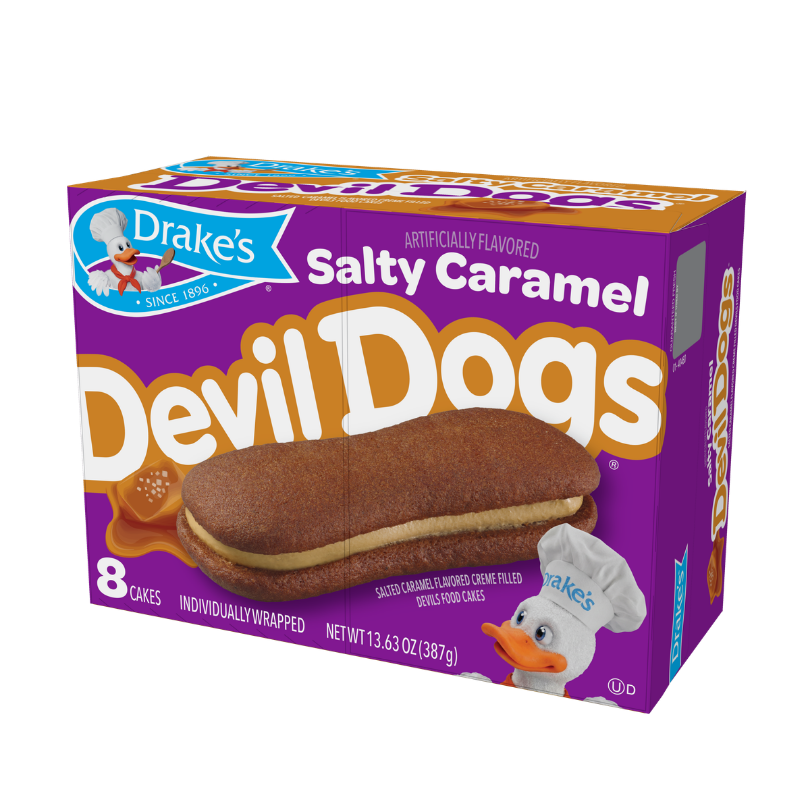 A box of Drake's Salty Caramel Devil Dogs, featuring a photo of the snack cake and branding for its 100th birthday.