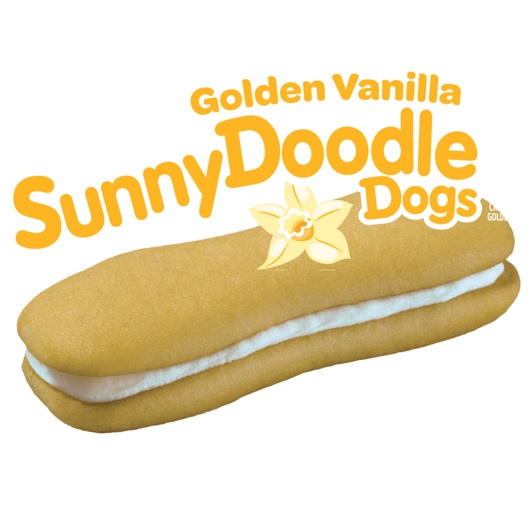 Golden Vanilla Sunny Doodle Dogs on a white background featuring a vanilla blossom