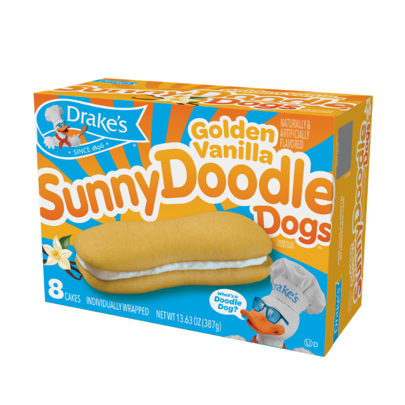 A box of Drake's Sunny Doodle Dogs on a yellow and blue background featuring webster the mascot in sunglasses