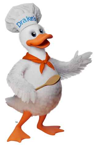 Drake’s mascot, a white duck wearing a chef’s hat and orange neckerchief, holding a wooden spoon and waving.