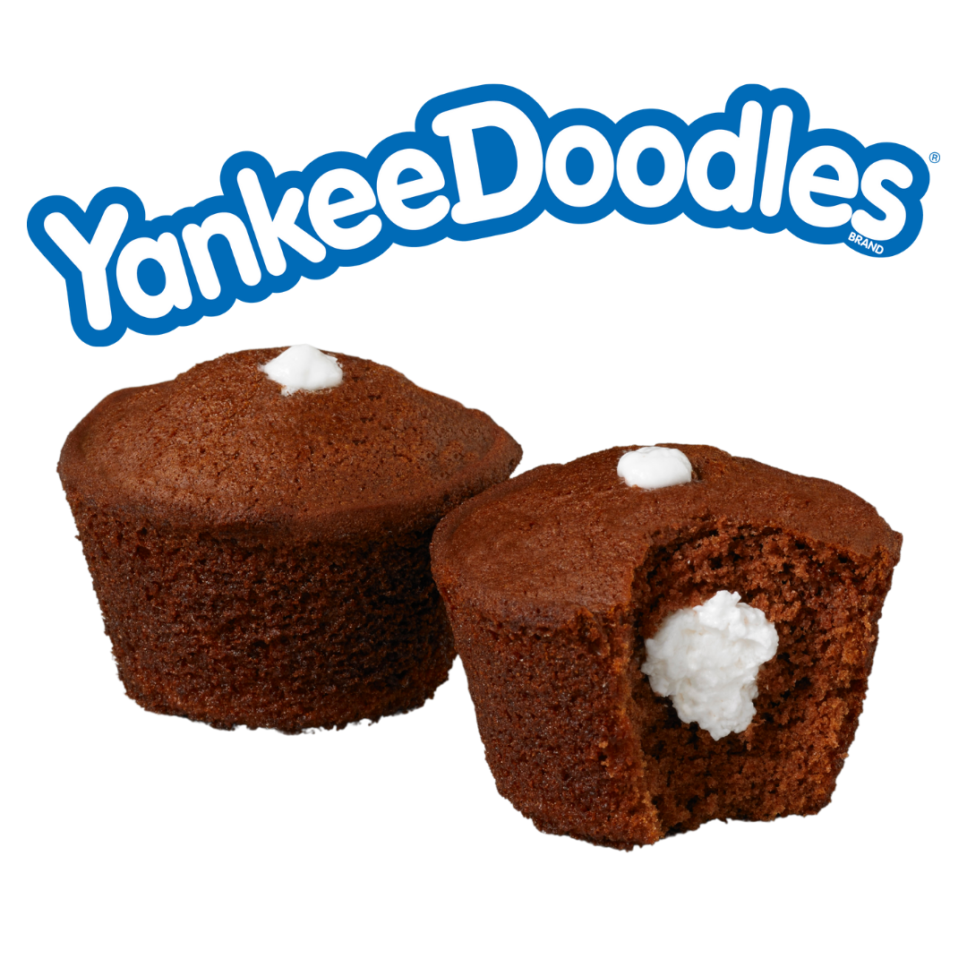 Two chocolate muffins with cream filling and white frosting dots on top, below the blue text 
