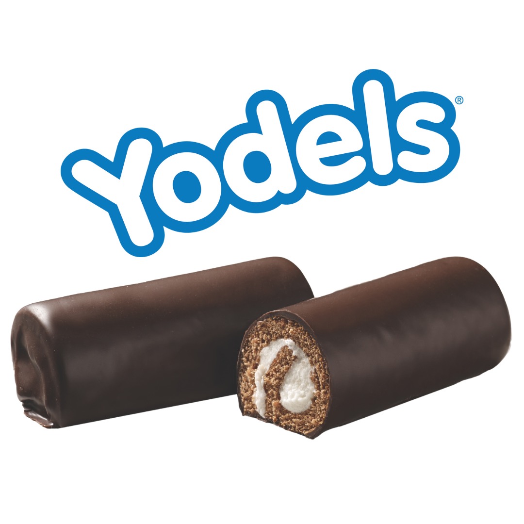 The Yodels logo in blue text above two chocolate-covered, cream-filled cake rolls.