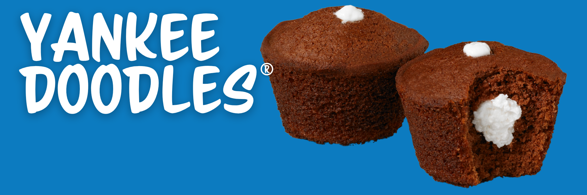 Two chocolate cupcakes with white cream centers set against a solid blue background, with the text