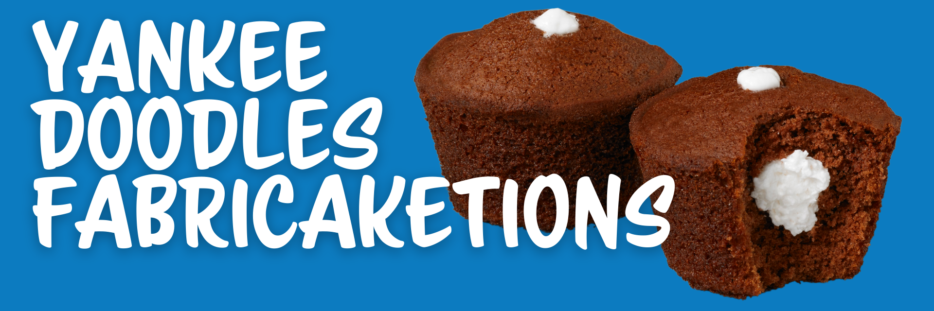 Two chocolate cupcakes with white cream centers against a blue background, with the text 