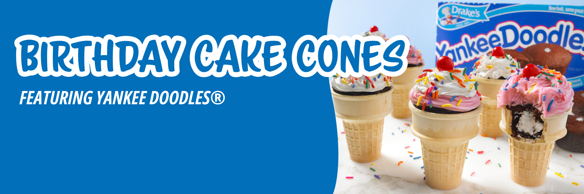 Blue banner promoting three cupcakes decorated to look like birthday cakes